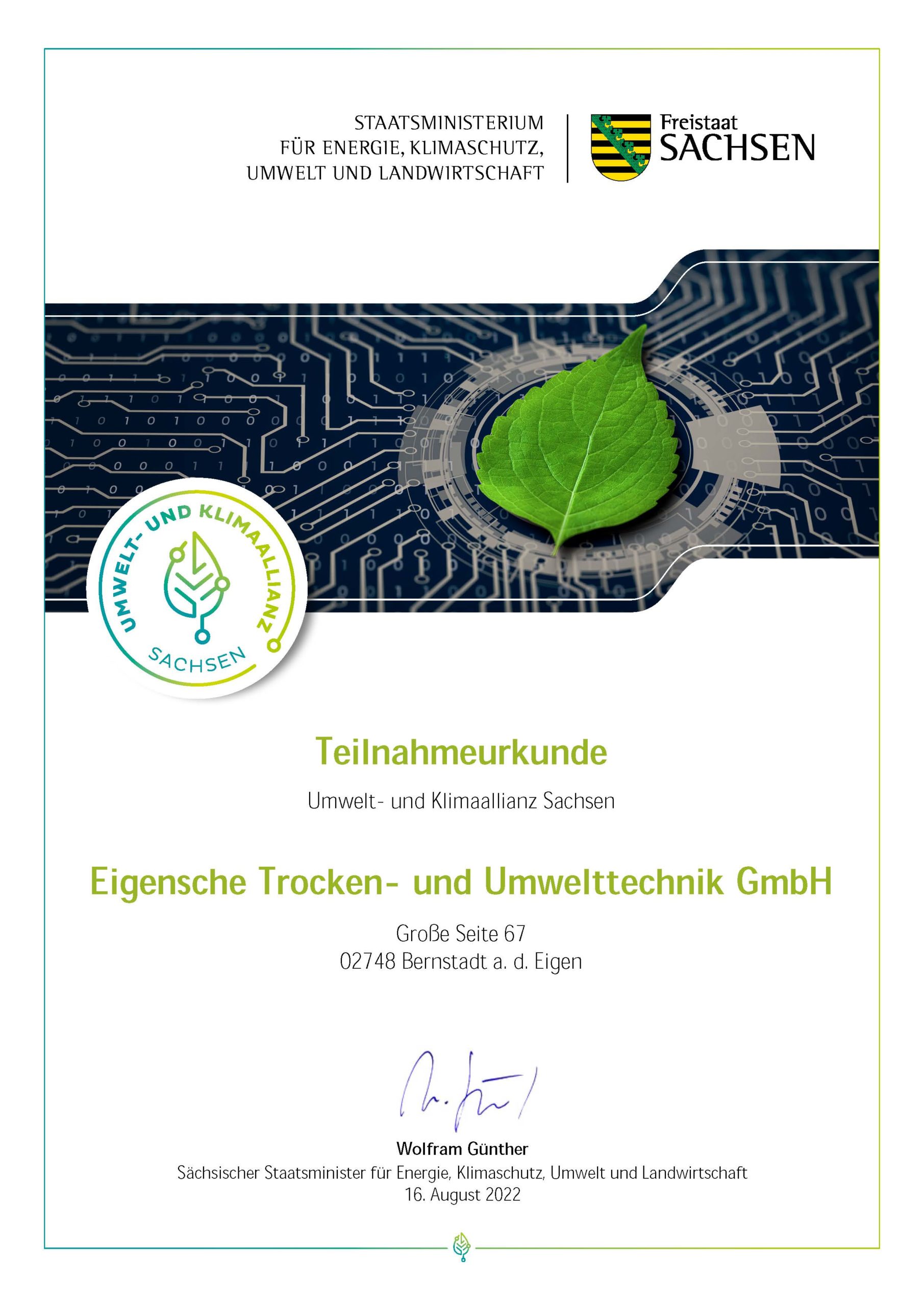 Eigensche Trocken- und Umwelttechnik GmbH Urkunde Umwelt- und Klimaallianz Sachsen